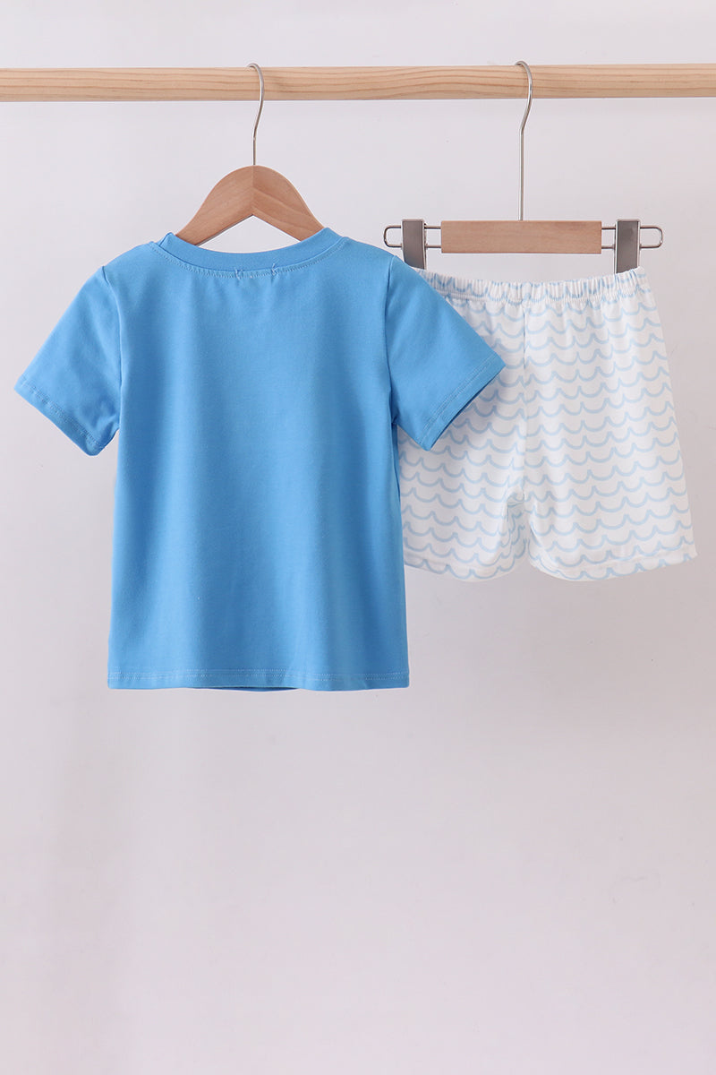 Blue mama's boy embroidery shorts set