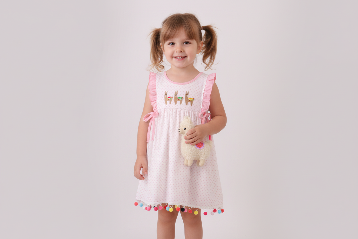 Pink alpaca embroidery ruffle dress