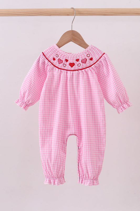 Pink heart smocked gingham romper