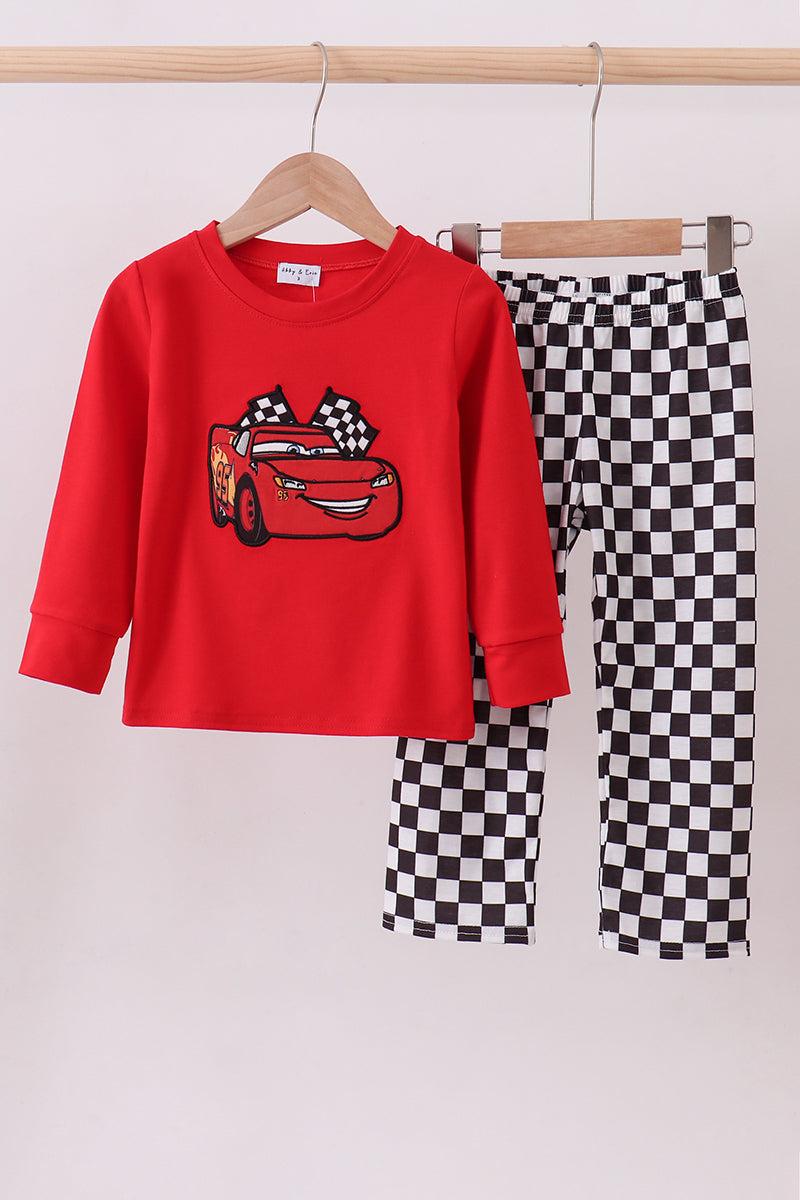 Red character applique checkered pants set