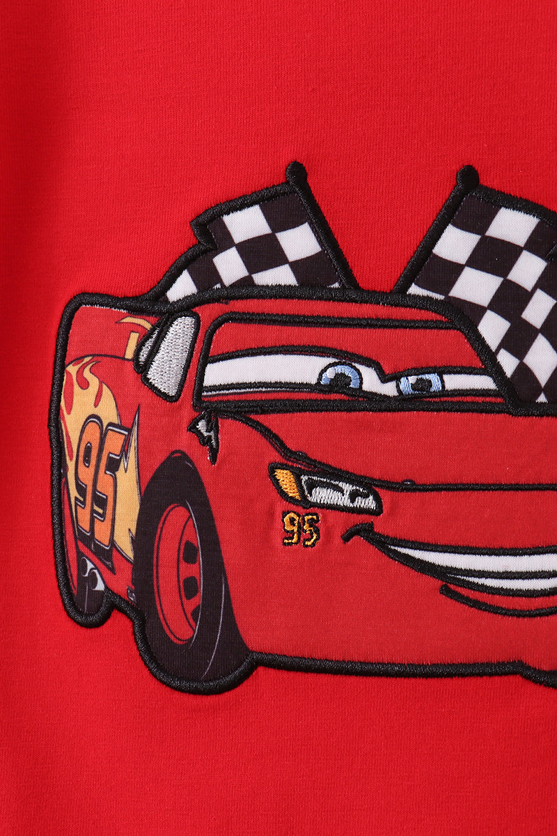 Red character applique checkered pants set