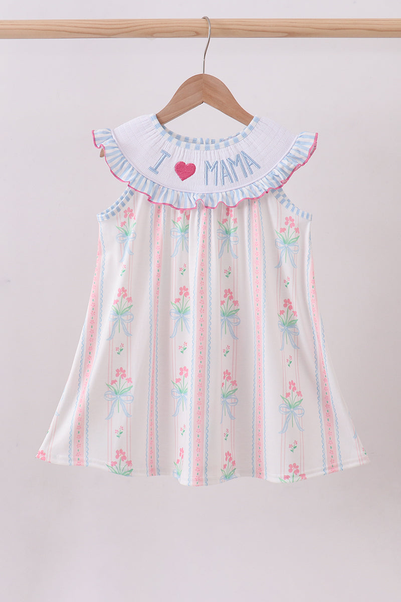 Blue floral I love MAMA smocked ruffle dress