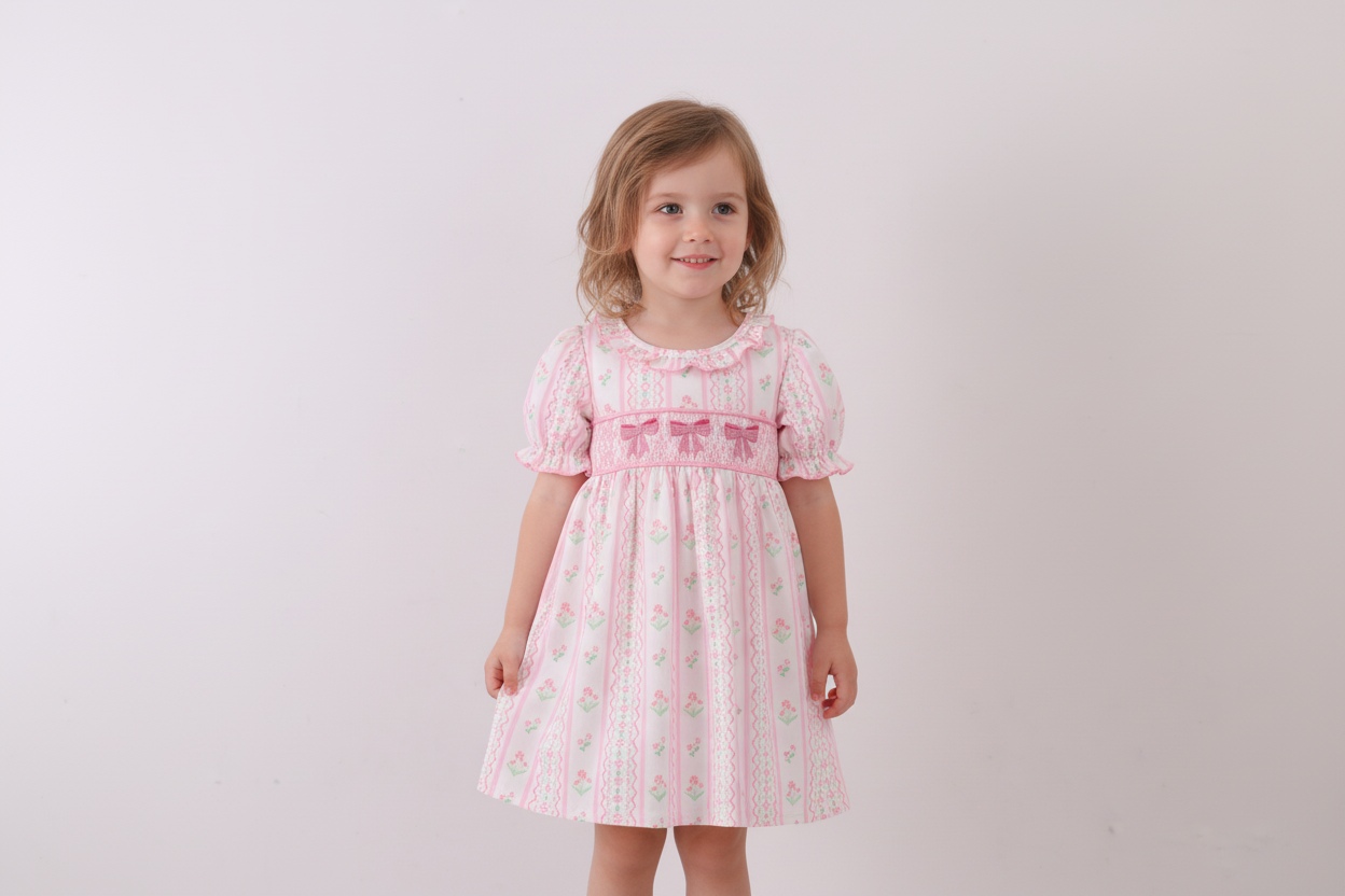 Pink floral bow smocked dress