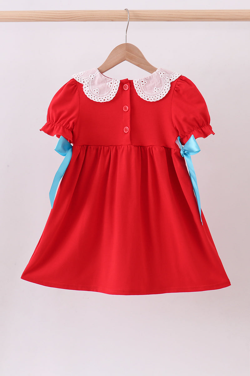 Red character embroidery bow dress