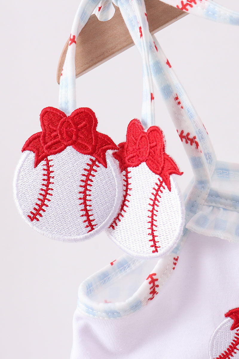 Baseball applique ruffle gingham dress