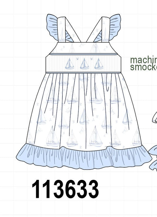 Blue Sailboat Smocked Ruffle Dress