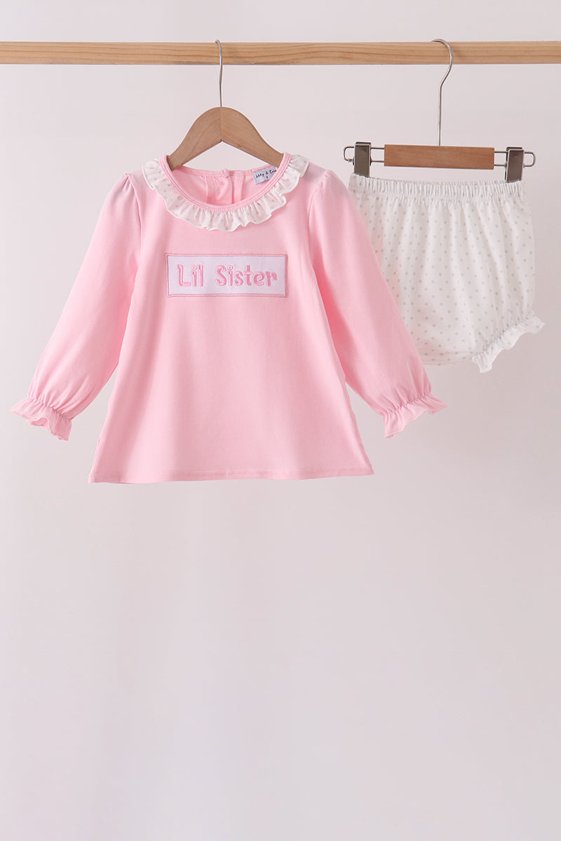Pink Lil sister embroidery ruffle bloomer set
