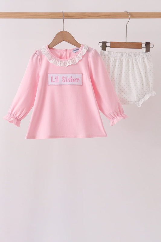 Pink Lil sister embroidery ruffle bloomer set