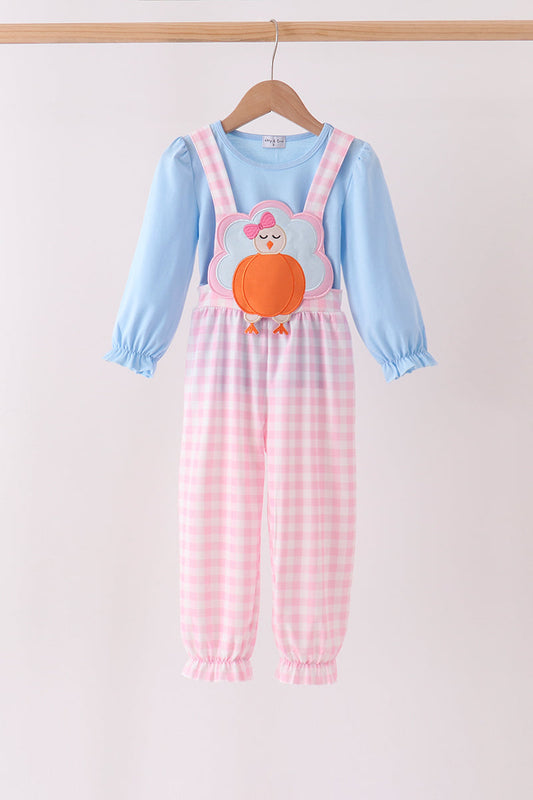 Pink Turkey Embroidery 2pc Jumpsuit Set