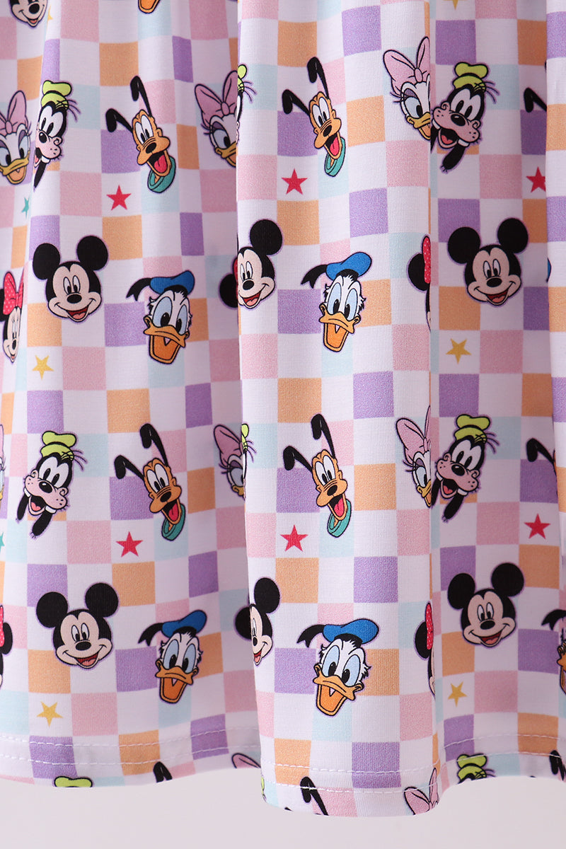 Premium purple character print bamboo checkered dress