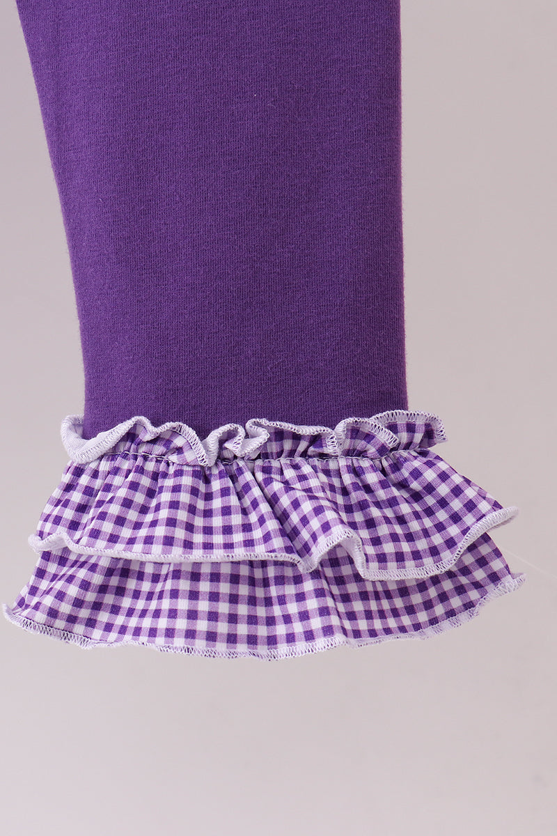 Premium Purple LSU tiger football embroideyr gingham ruffle pants set