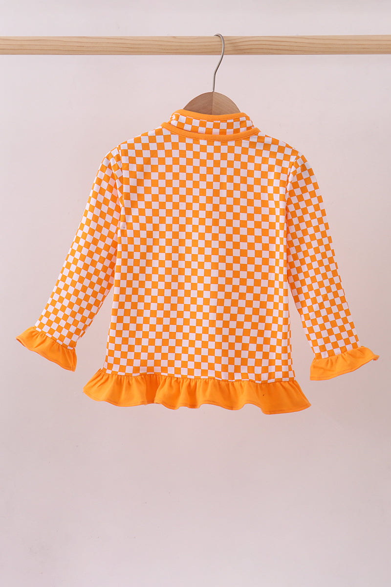 Orange Tennessee checkered pullover ruffle top