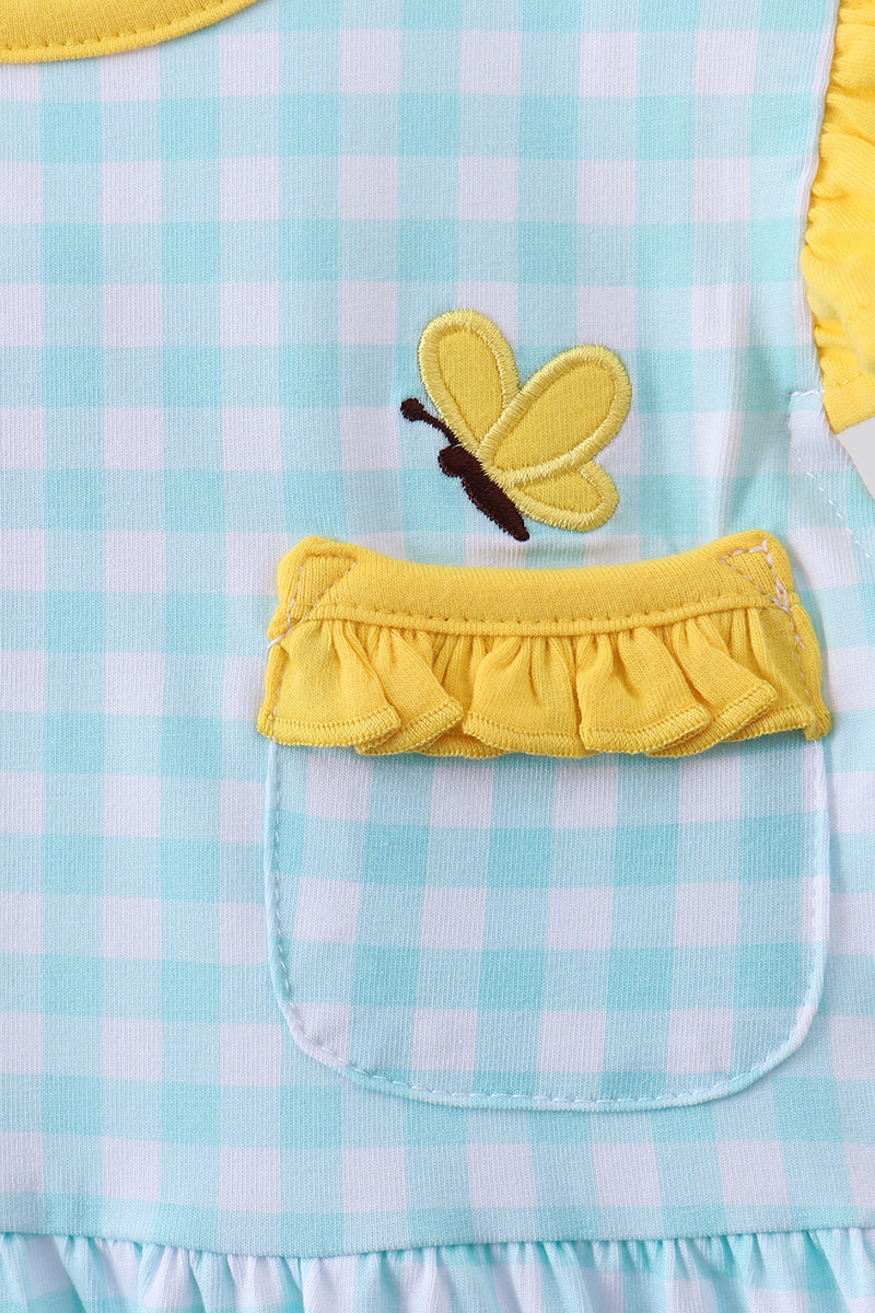 Blue gingham  butterfly & bee pocket flutter dress