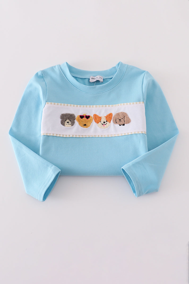 Blue puppy french knot pants set