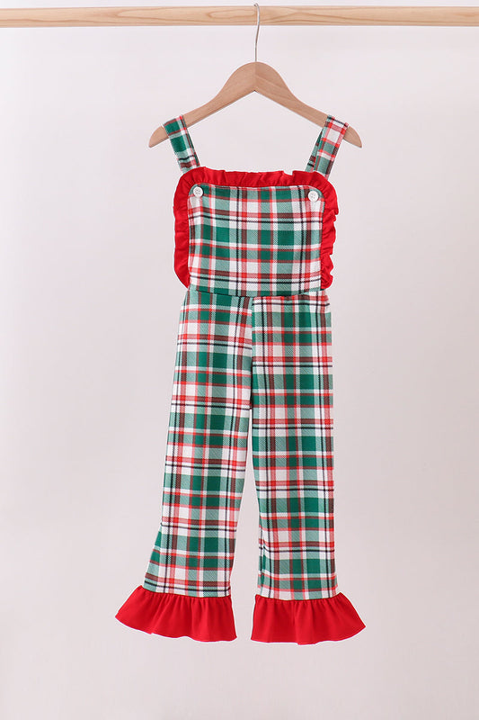 Green plaid ruffle jumpsuit