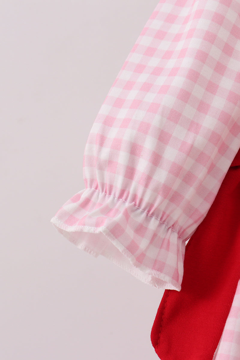 Pink bow embroidery gingham ruffle bubble