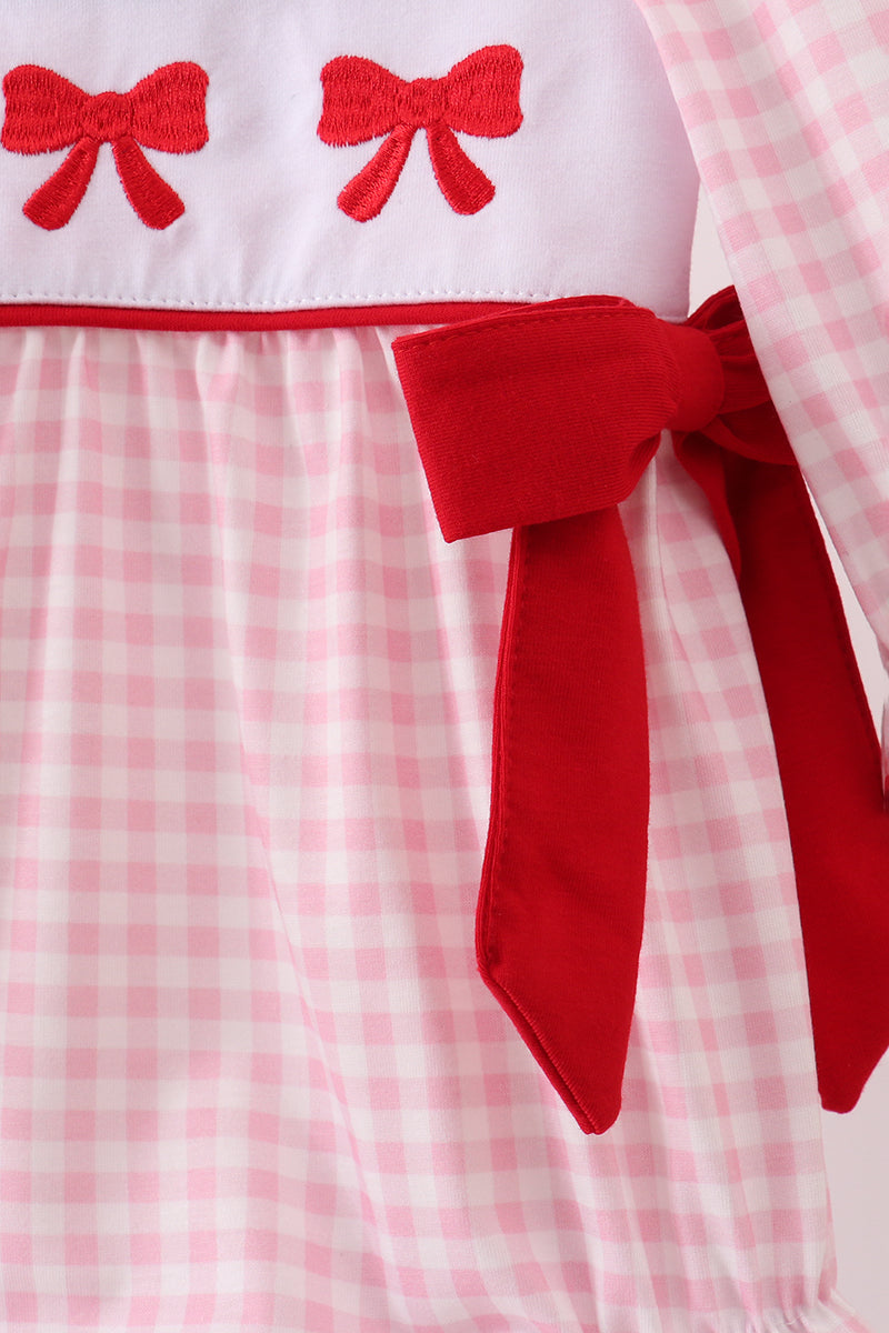 Pink bow embroidery gingham ruffle bubble