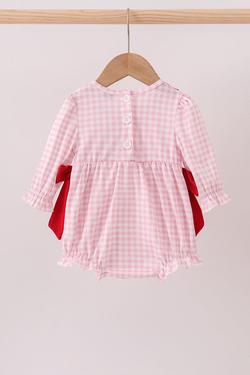 Pink bow embroidery gingham ruffle bubble