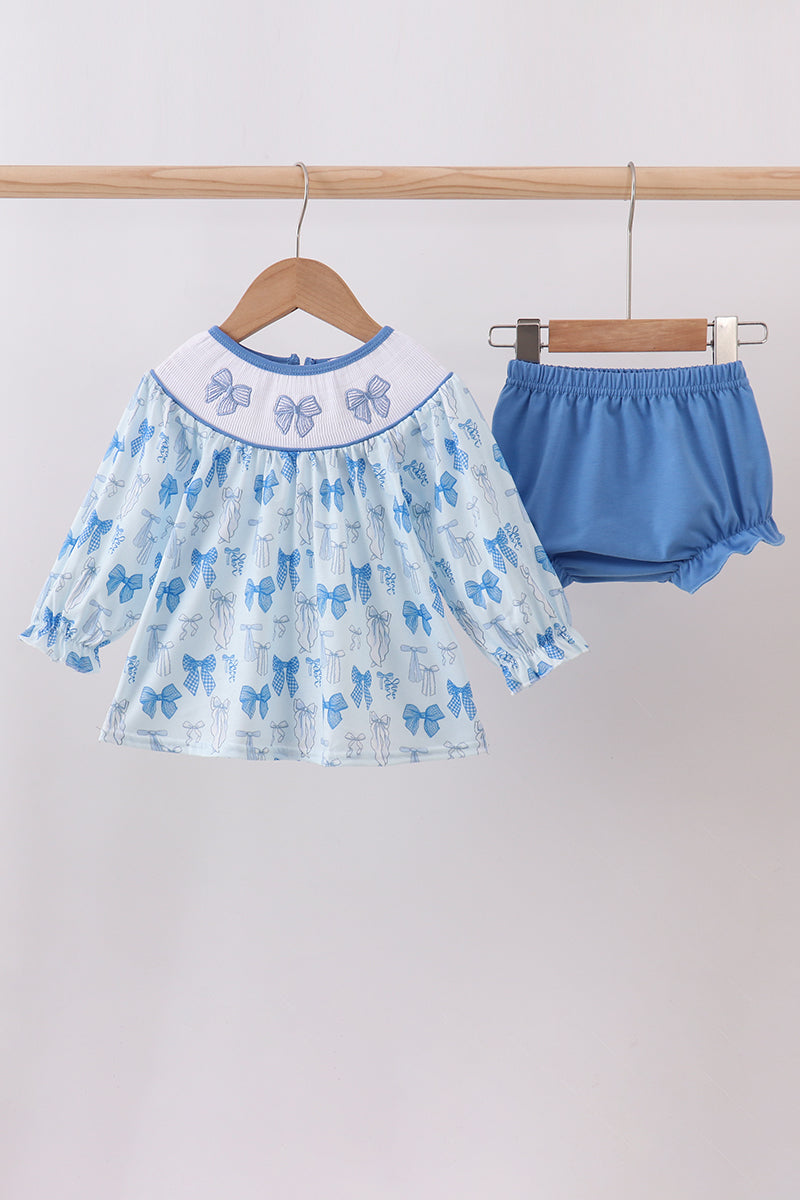 Blue bow smocked bloomer set
