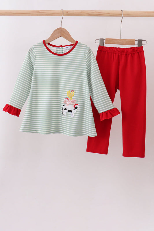Green farm applique stripe ruffle pants set
