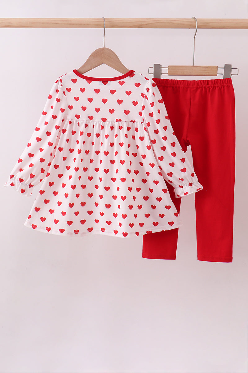 Red heart print ruffle pants set