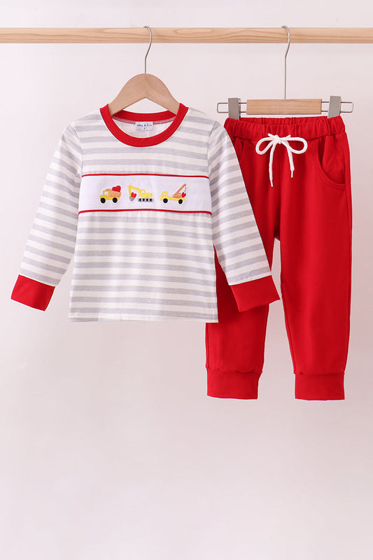 Red stripe construction embroidery pants set