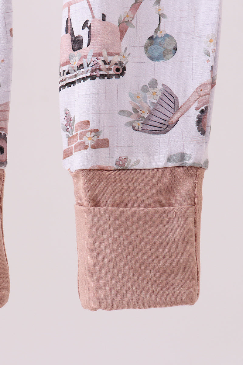 Khaki crane bamboo pajama zipper romper