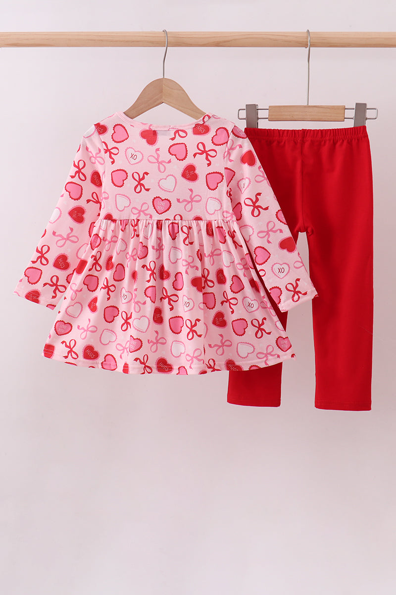 Red heart bow print pants set