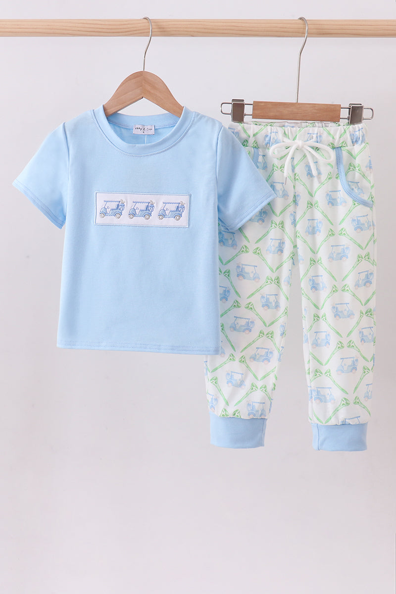 Blue golf cart embroidery pants set