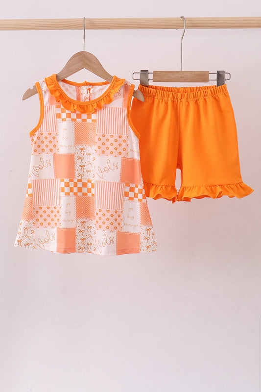 Orange Tennessee patchwork ruffle shorts set