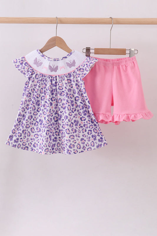 Purple leopard butterfly smocked shorts set