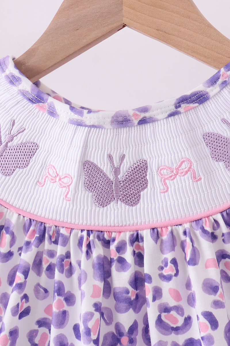 Purple leopard butterfly smocked shorts set