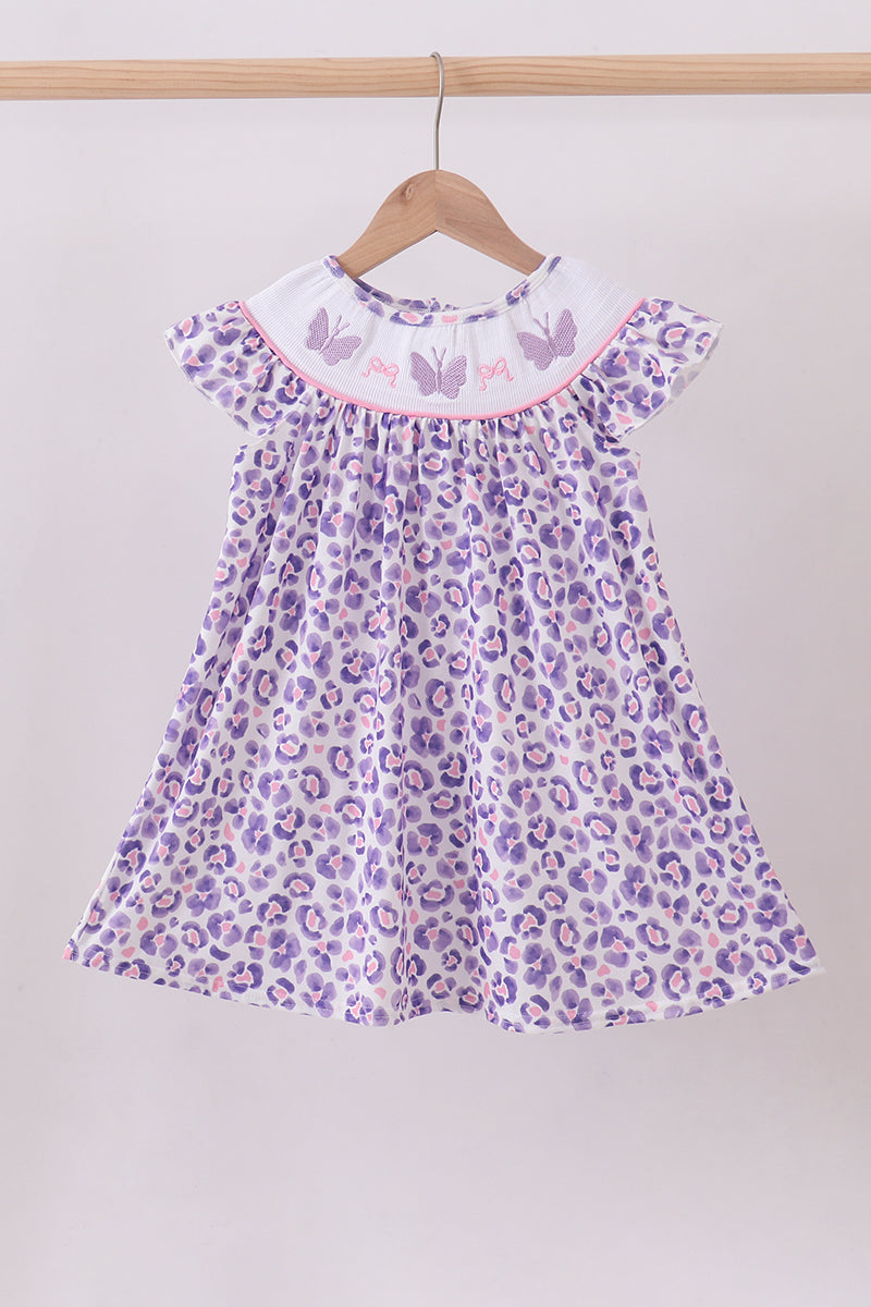 Purple leopard butterfly smocked dress