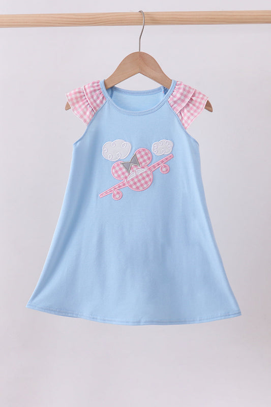 Blue character plane applique ruffle dress