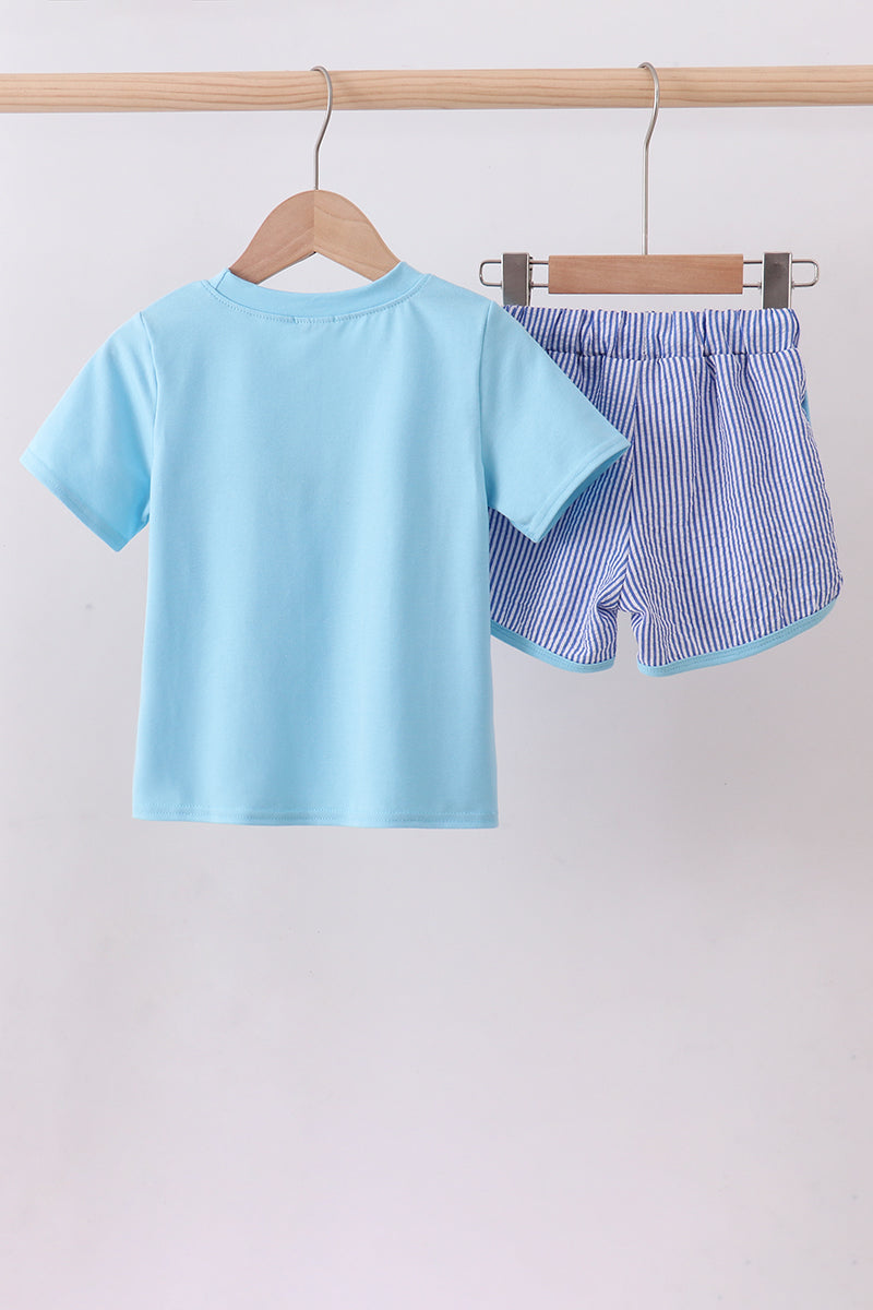 Blue truck embroidery seersucker shorts set
