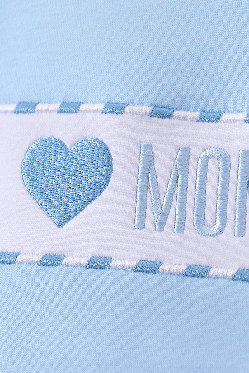 Blue I love MOMMY embroidery gingham shorts set