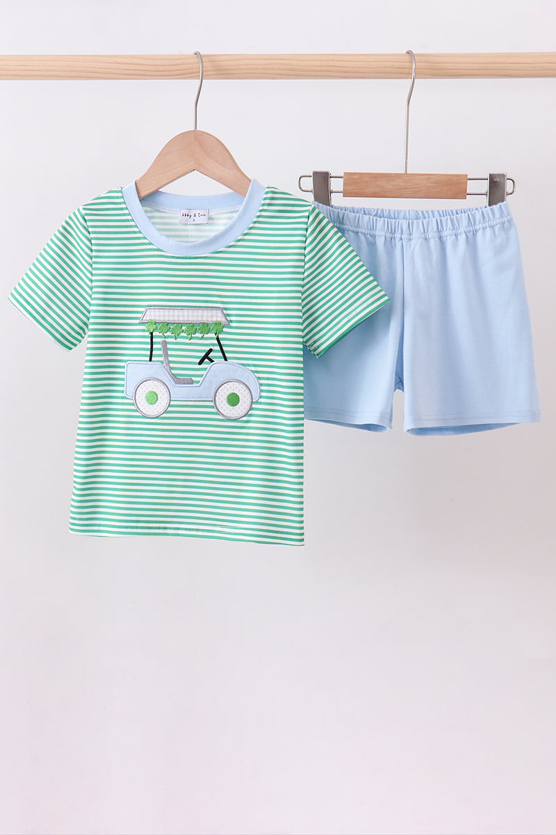Green stripe clover golf cart applique shorts set