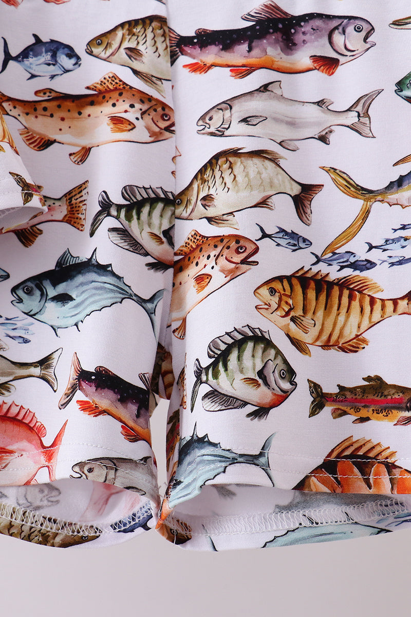 Navy fish bamboo shorts set