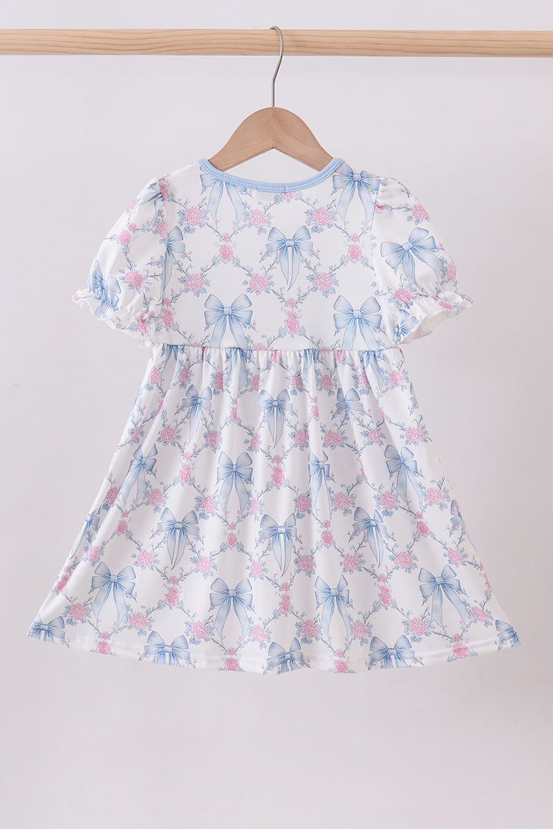 Blue bow floral smocked ruffle dress