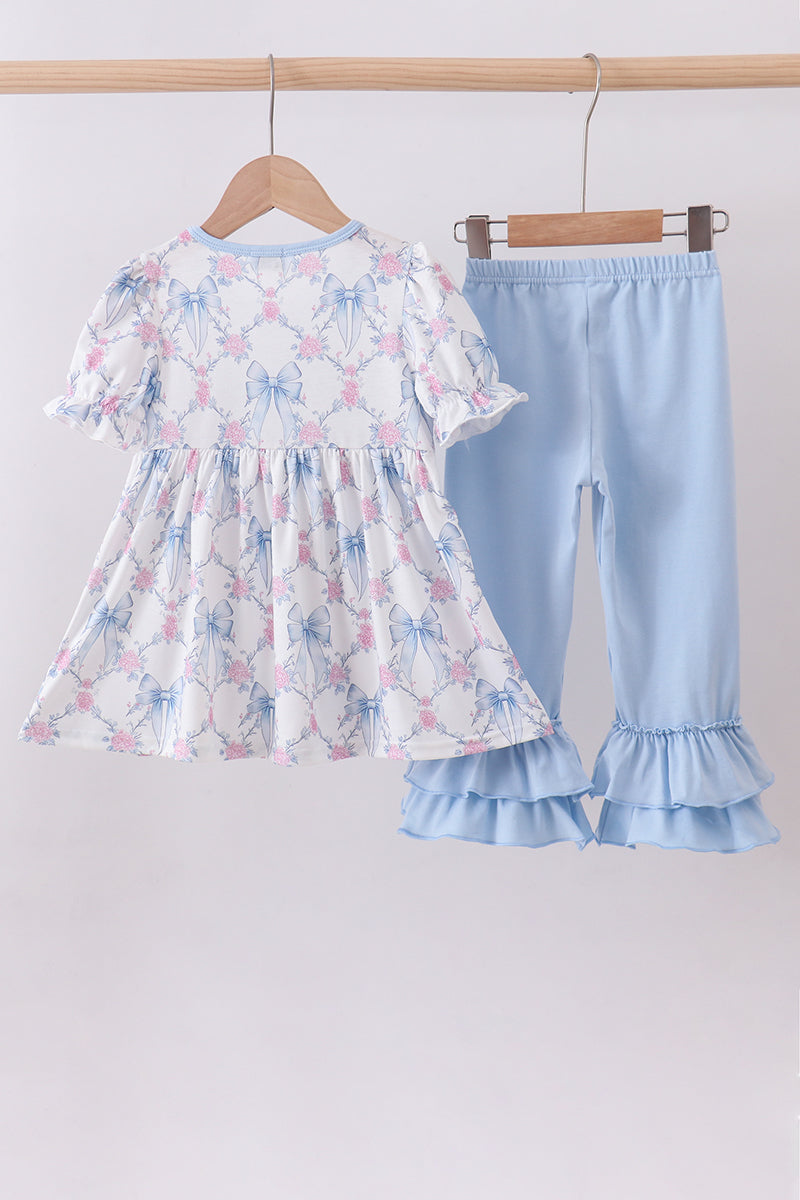 Blue bow floral smocked ruffle pants set