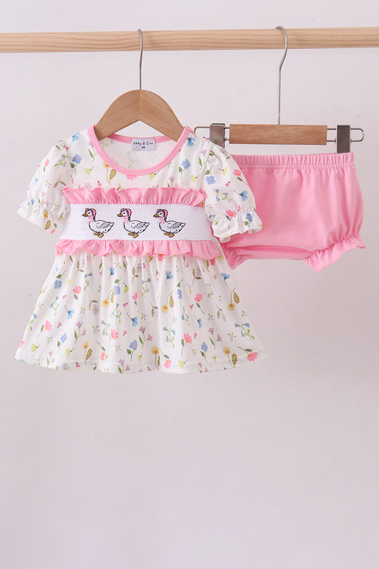 Pink duck smocked bloomer set