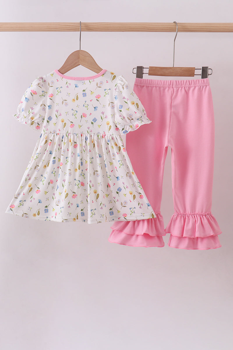 Pink duck embroidery ruffle pants set