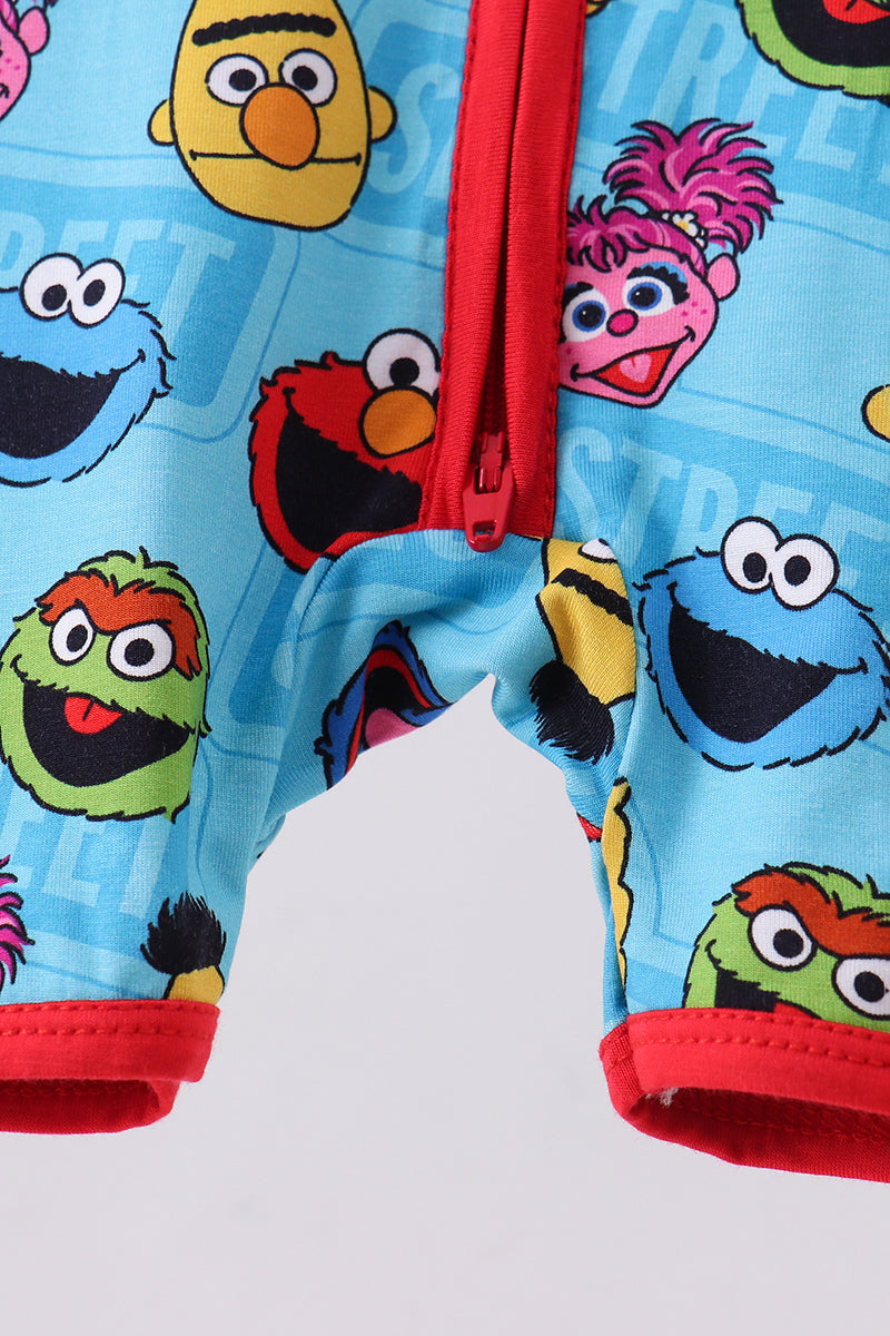 Blue character print bamboo romper