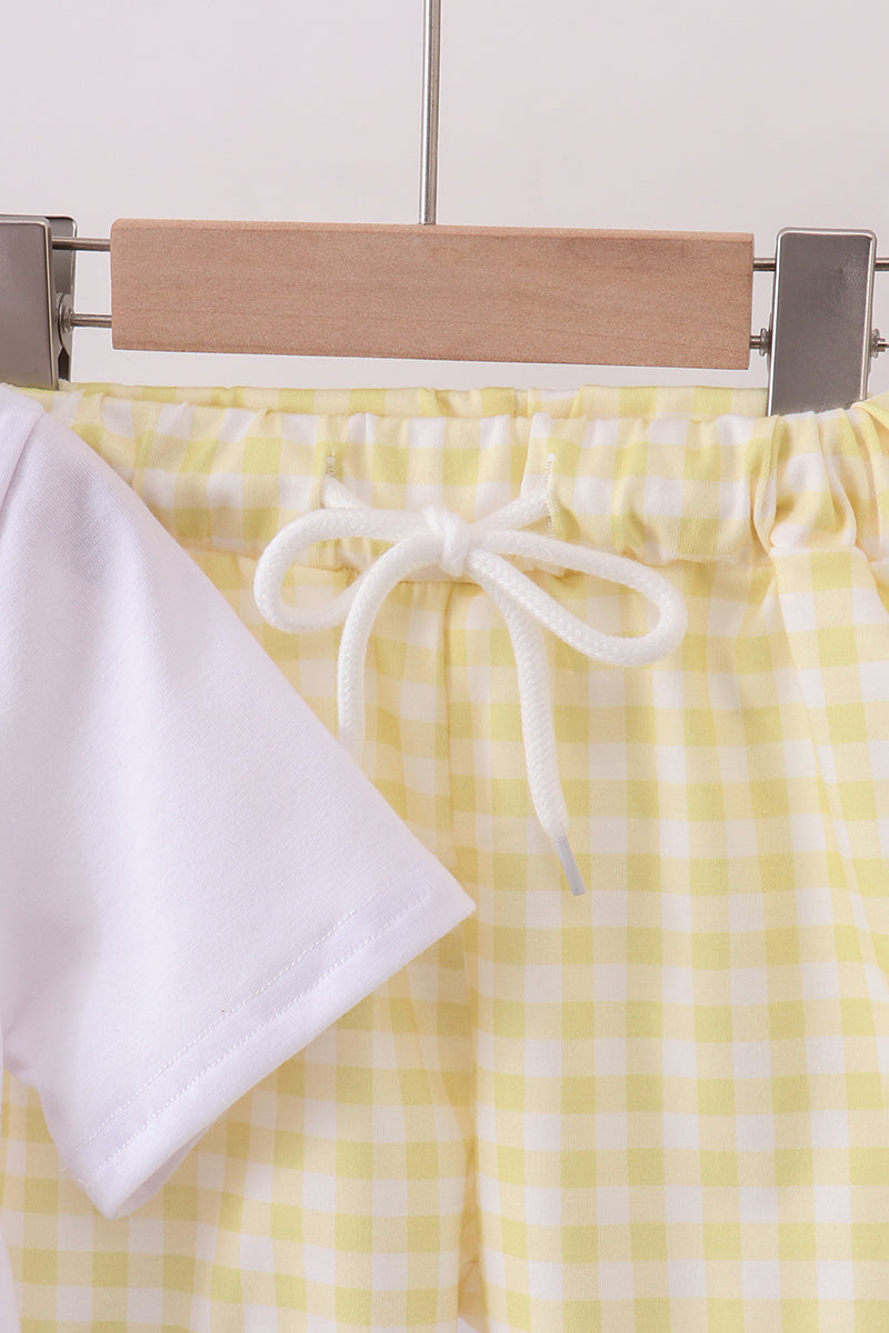 White zoo embroidery gingham shorts set