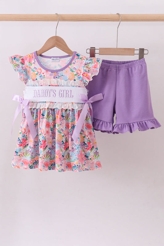 Purple floral daddy's girl smocked ruffle shorts set