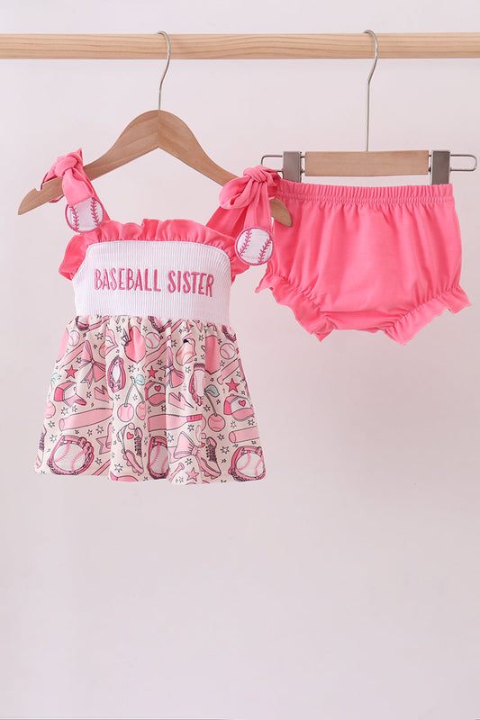 Pink baseball smocked ruffle bloomer set