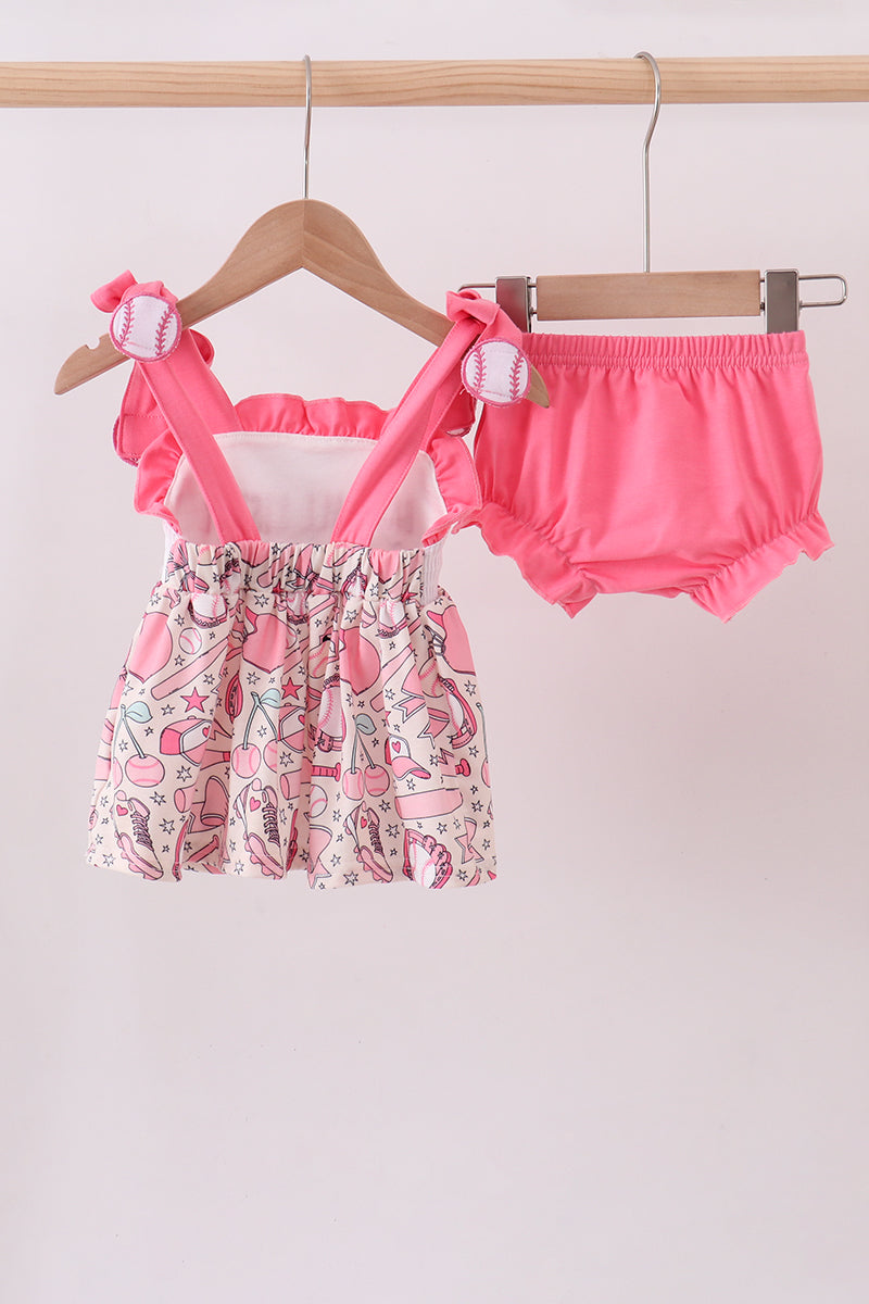 Pink baseball smocked ruffle bloomer set