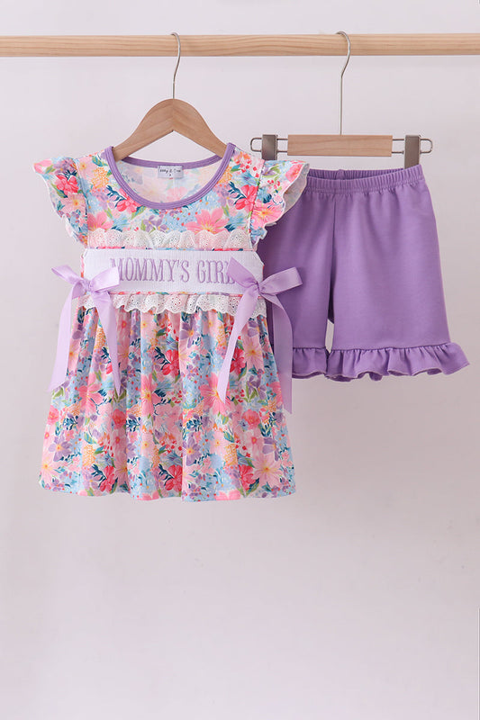 Purple MOMMY'S GIRL smocked ruffle shorts set