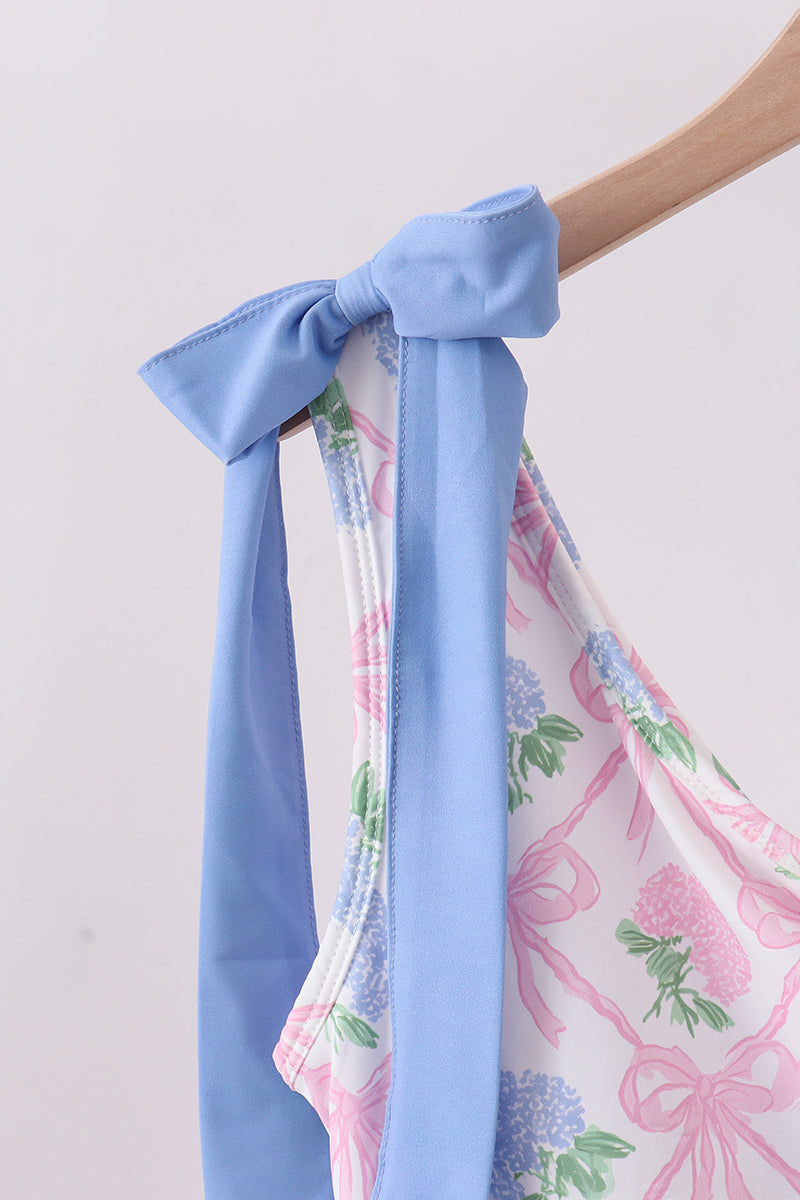 Blue bow floral women swimsuit