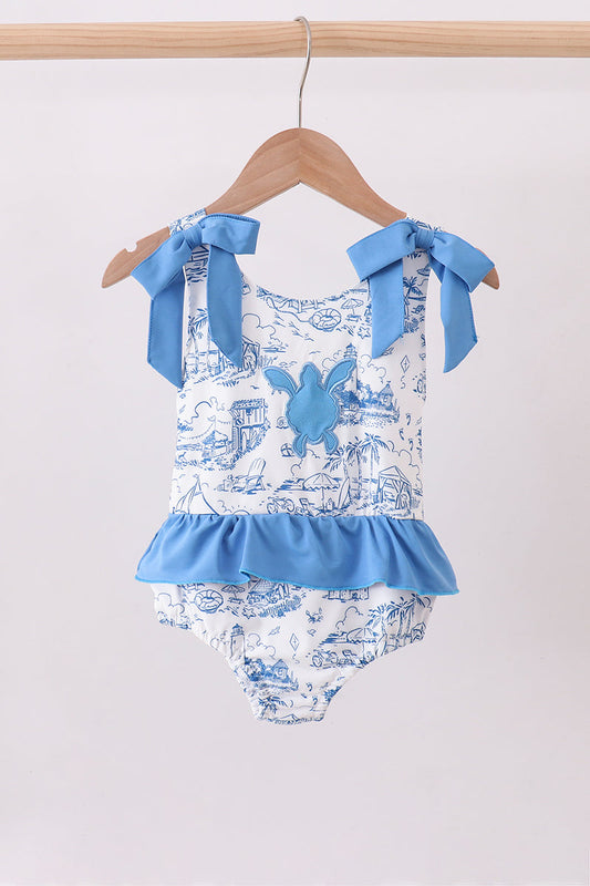 Blue beach sea turtle applique ruffle swimsuit